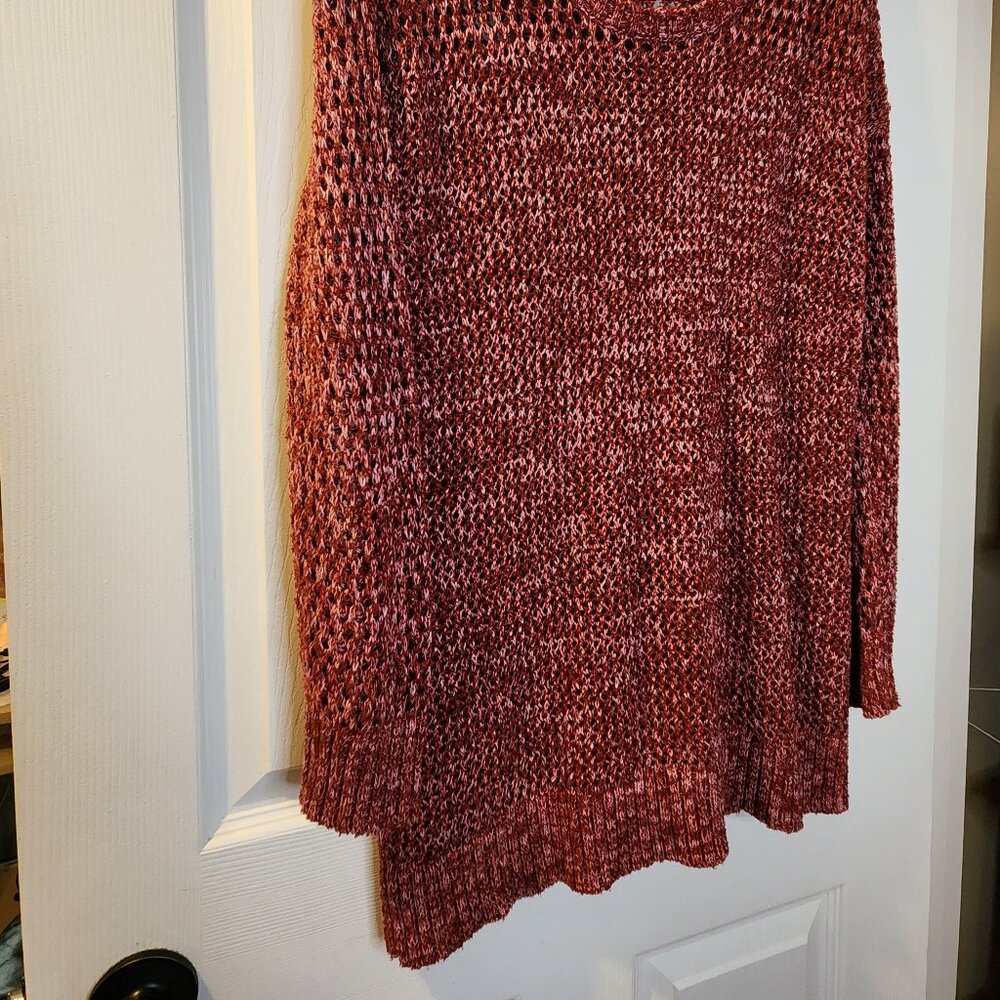 Lucky Brand Open Crochet Knit Maroon Sweater Women's Size Medium Tunic Split Bac - Picture 5 of 9